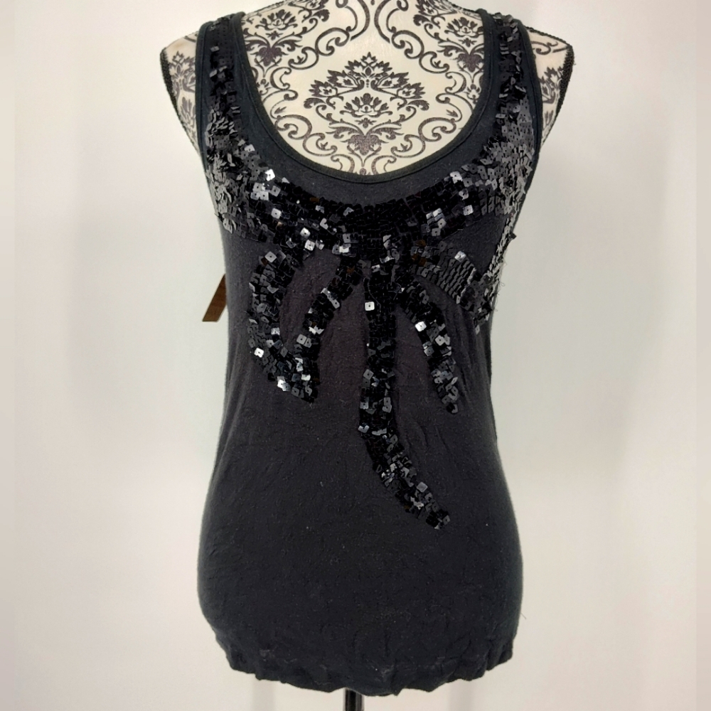 Miley Cyrus & Max Azria Black Sequin Embellished Racer Back Tank Top Size Large